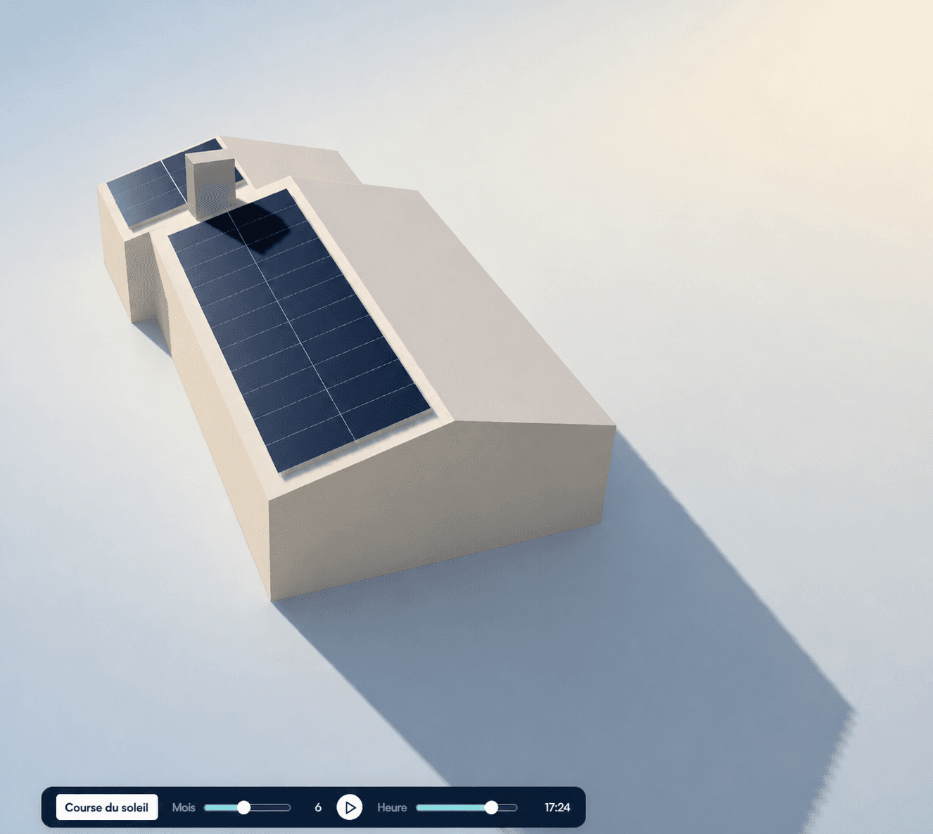 Simulation d'ombrage 3D avec la course du soleil : une ombre portée réduit la production sur une partie des modules.
